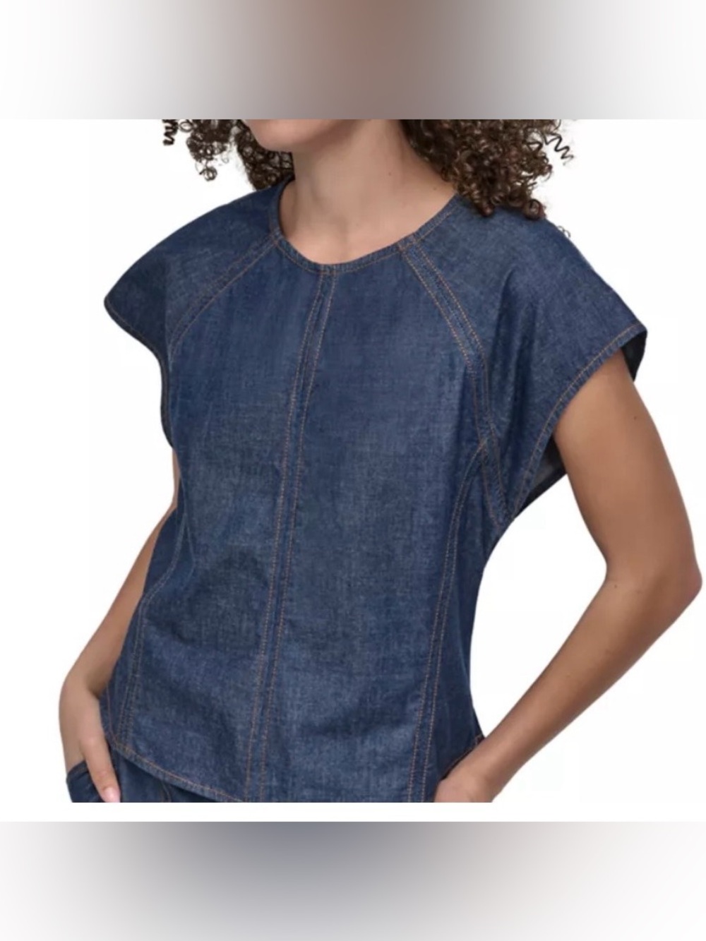 DKNY Women’s Blue Chambray Denim Top Wide Flutter Sleeves Keyhole NWOT L